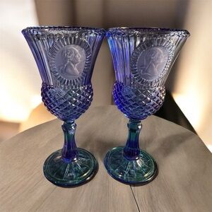 vintage Avon Fostoria George and Martha Washington cobalt blue glass goblets.